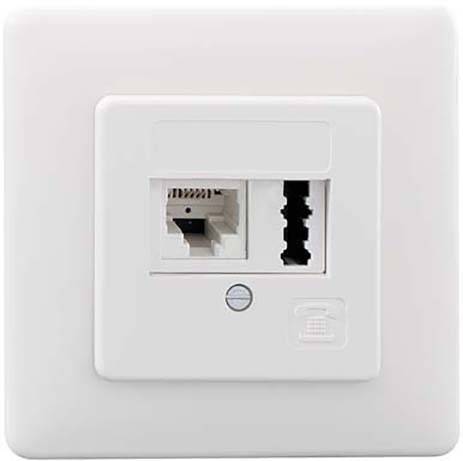 Network socket on a white wall, with two connection ports for Ethernet cables.