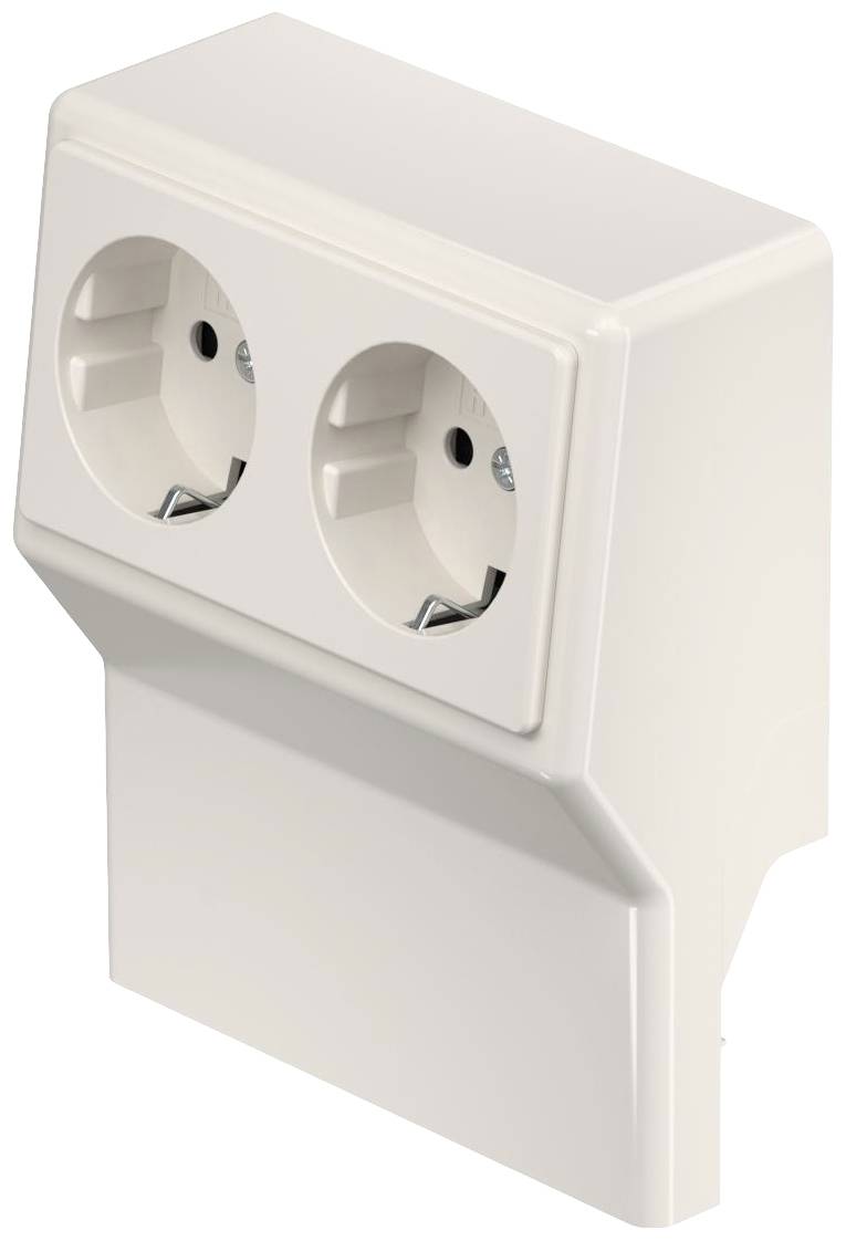 Double socket in white plastic casing, suitable for wall mounting. Ideal for electronic devices in the home or office.