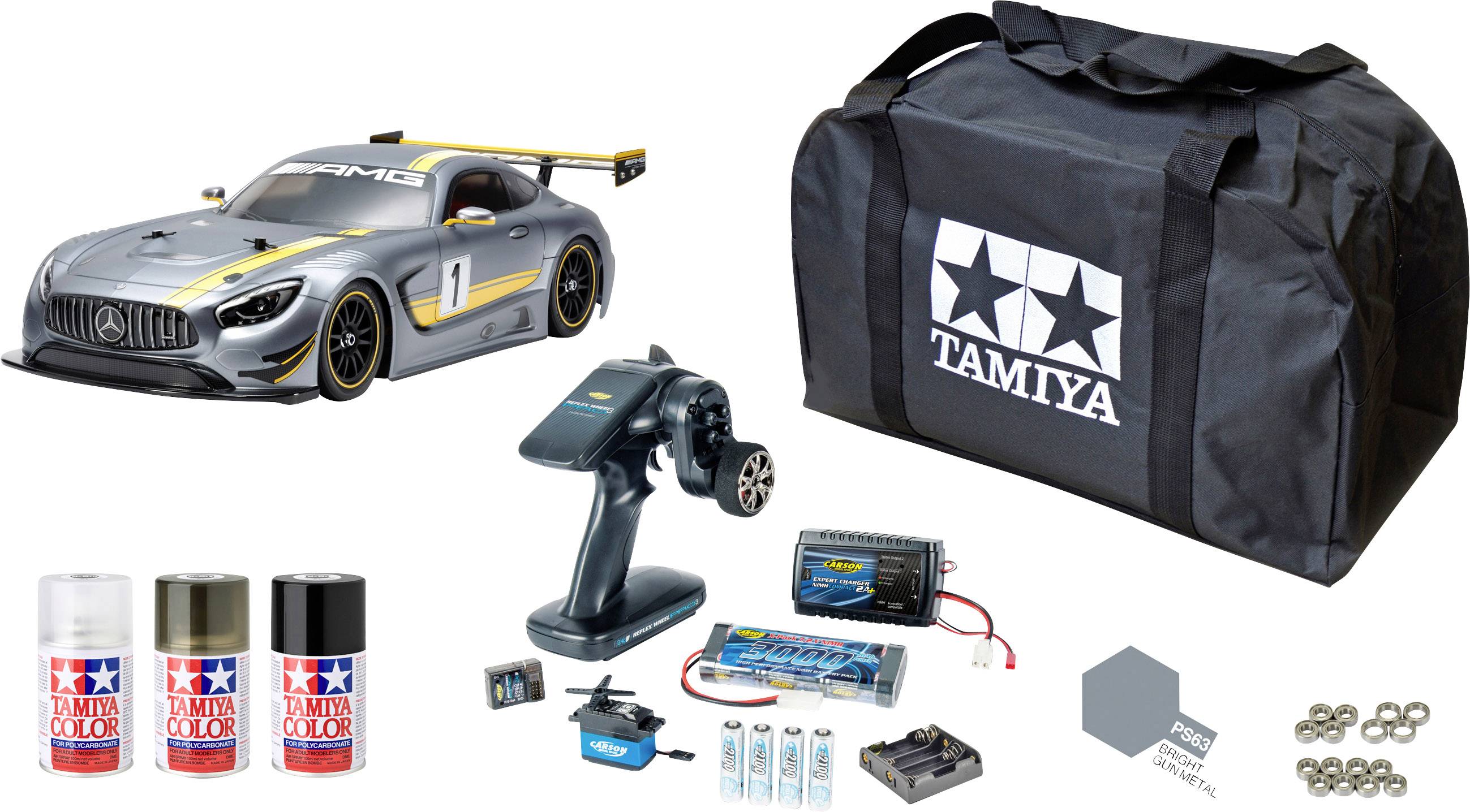 Remote-controlled model car set with silver racing car, remote control, colours, charger, batteries and portable carry bag.