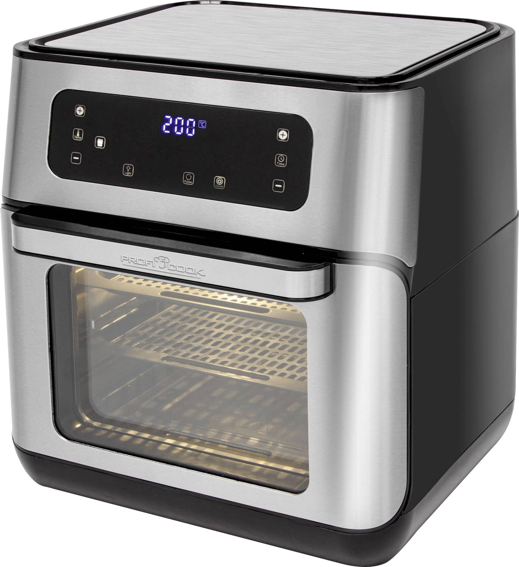 A stainless steel air fryer with a digital display shows '200°'. The interior with a wire rack is visible through a glass window.