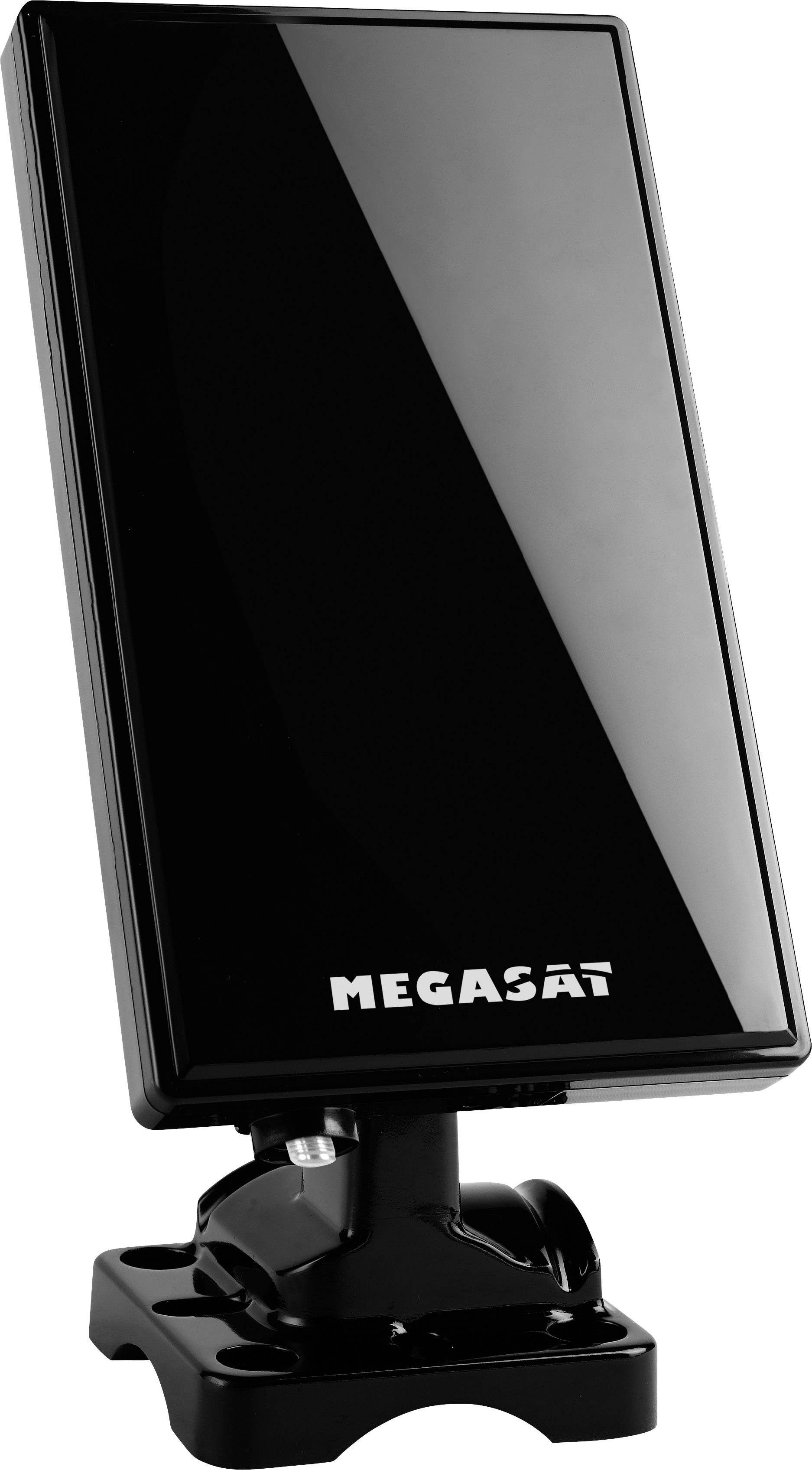Black Megasat aerial in a rectangular shape, mounted on a stand, against a white background.