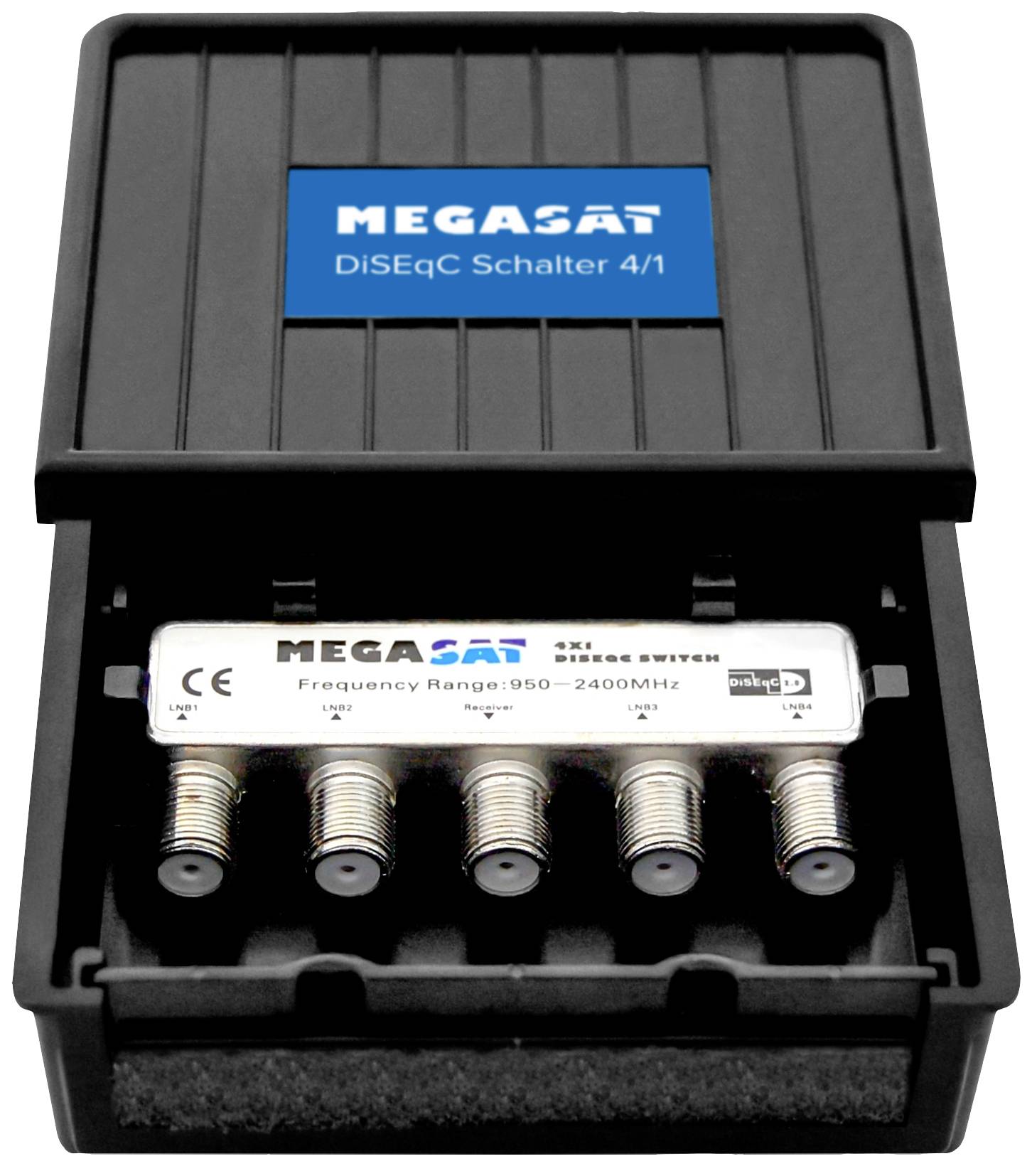 'Megasat DiSEqC Switch 4/1' shows a switch with five connections and a frequency range of 950-2400 MHz, in a black enclosure.