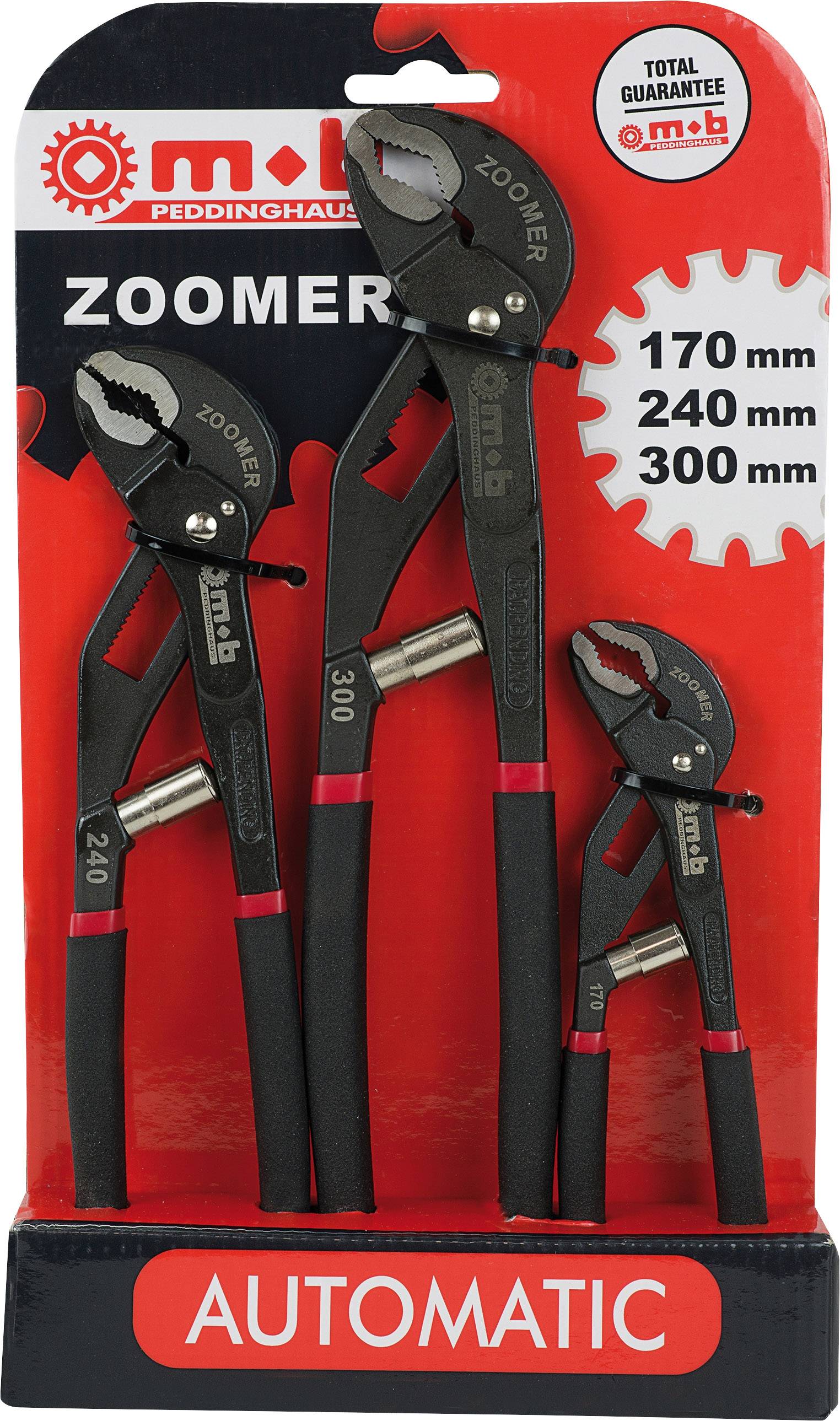 Three Zoomers pliers set with size specifications: 170 mm, 240 mm, 300 mm. Packaging with red background and product logo.