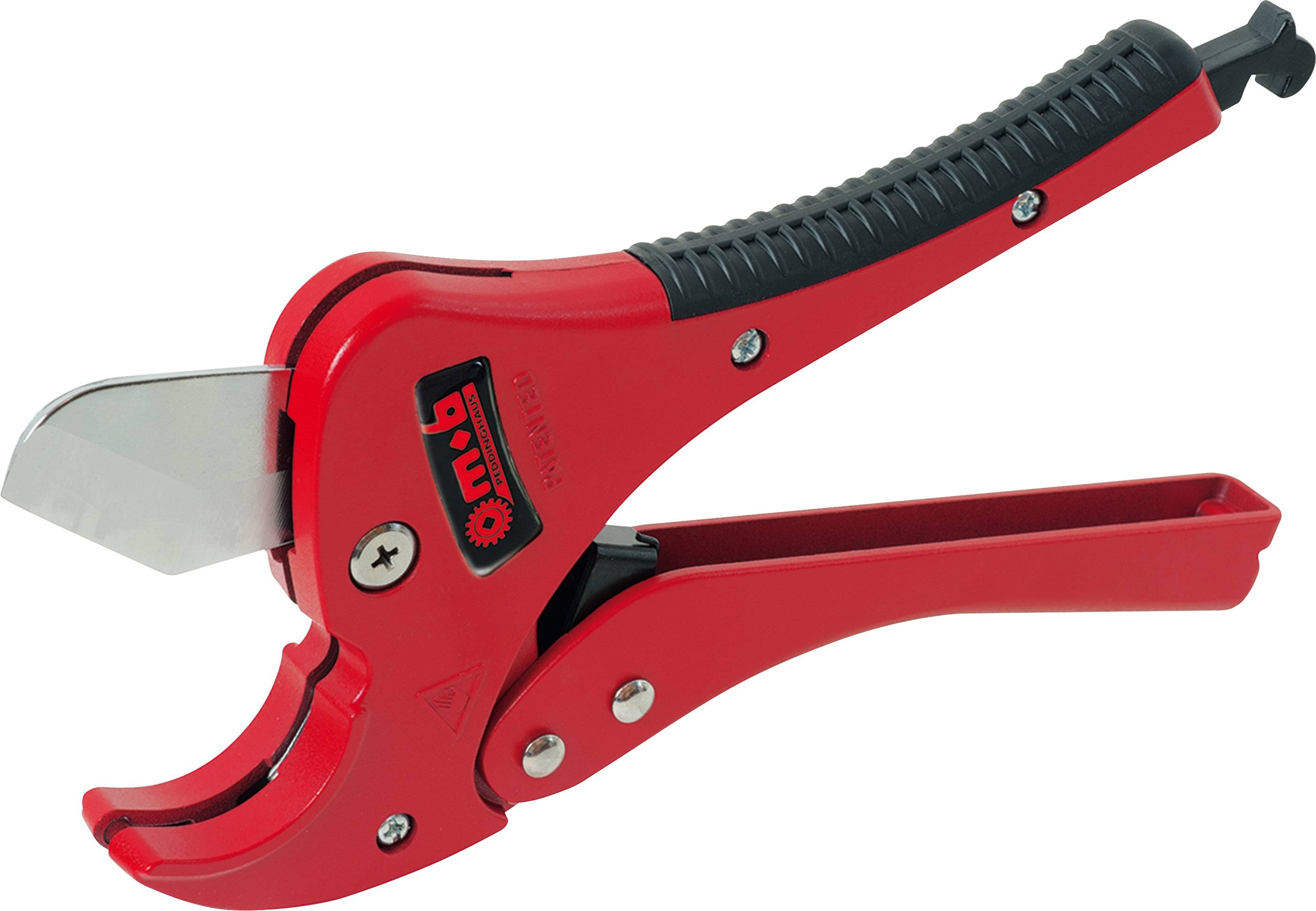 Red pipe cutters with a black handle, suitable for cutting plastic pipes.