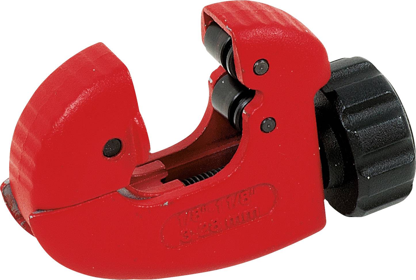Red pipe cutting tool with black handle, for cutting metal pipes.