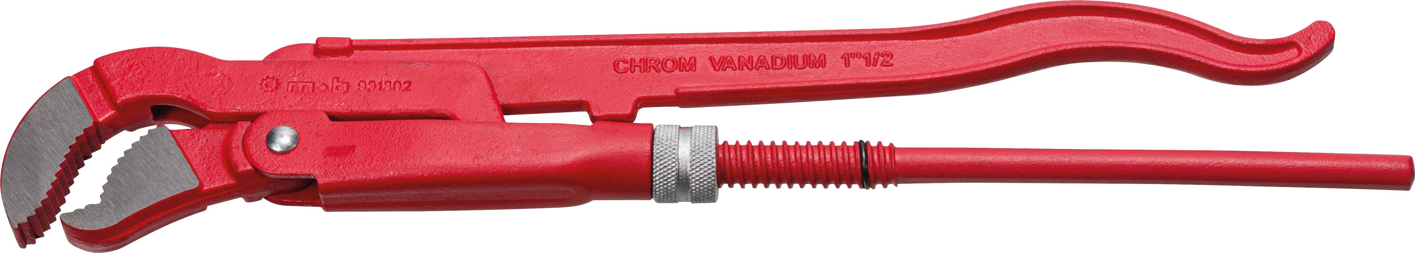 Red water pump pliers with long handle and serrated jaws for gripping and turning pipes.