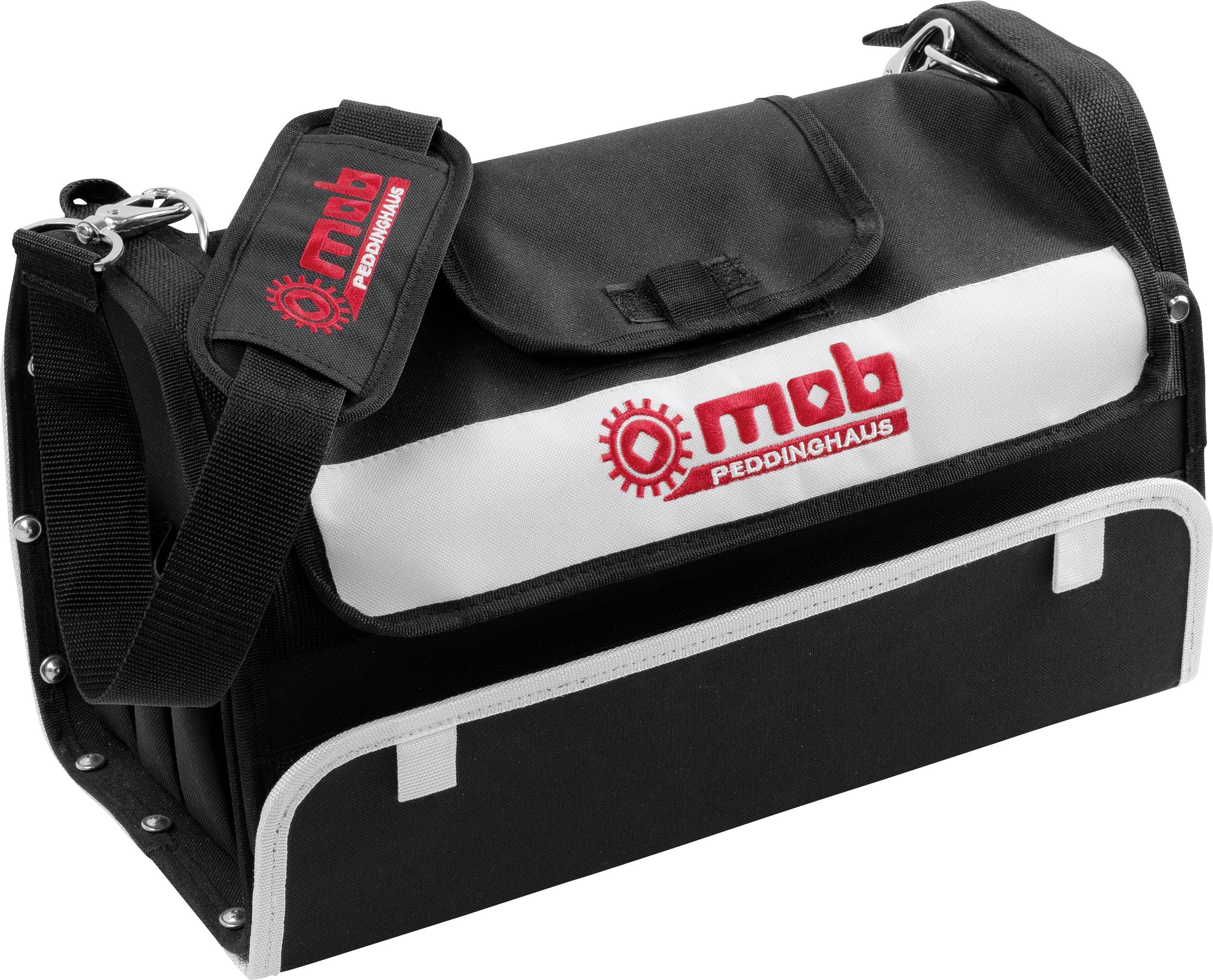 A black tool bag with white insert and red 'mob Peddinghaus' logo. Adjustable shoulder strap and zip-up pocket on top.