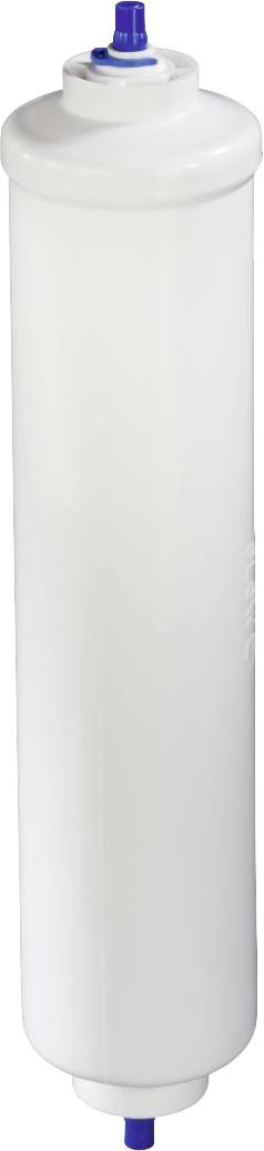 Cylindrical, white water filter with blue connection valves at both ends.