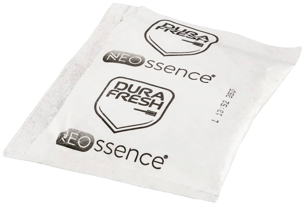 'NEOessence DURA FRESH' printed on a sealed white sachet, presumably a fragrance or moisture absorber.