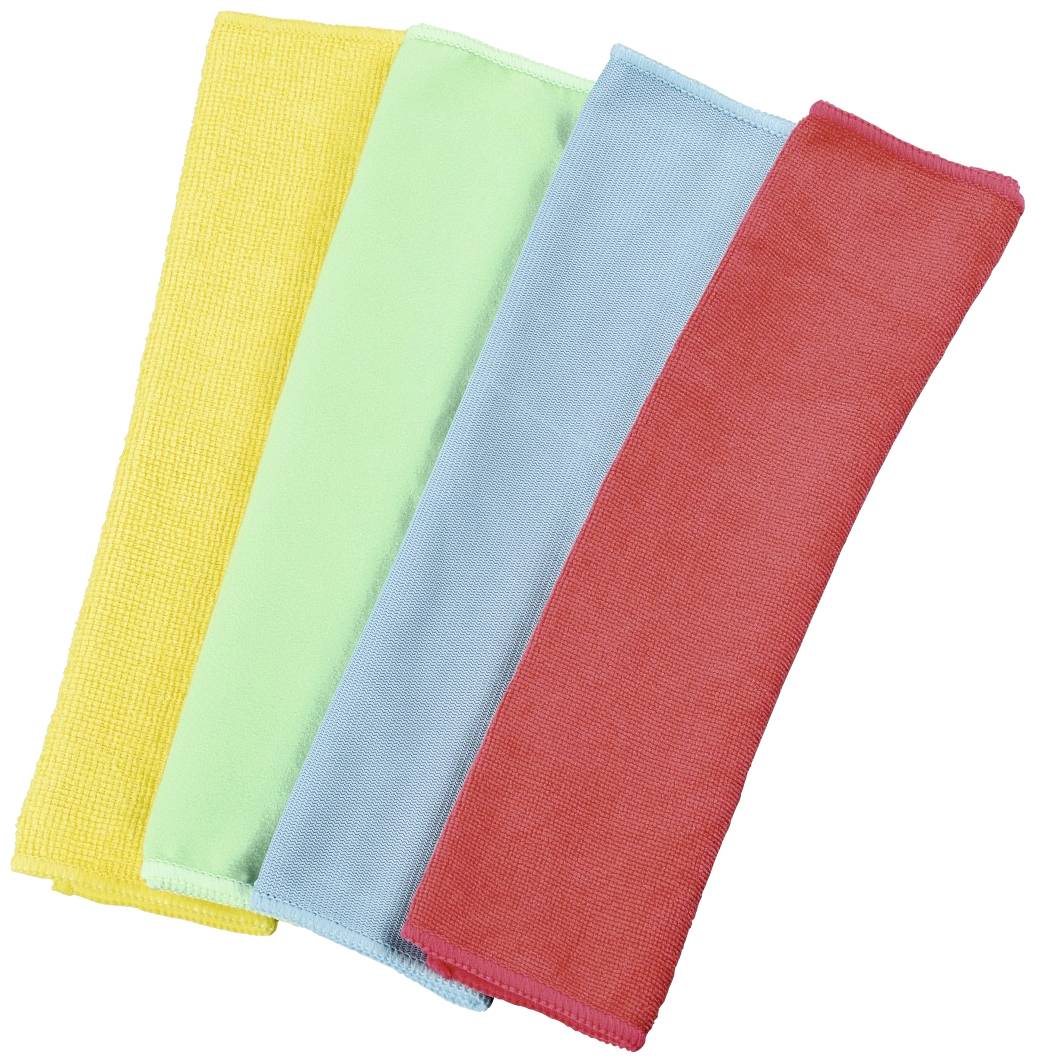 Four folded microfibre cloths in yellow, green, blue, and red are lying side by side on a white surface.