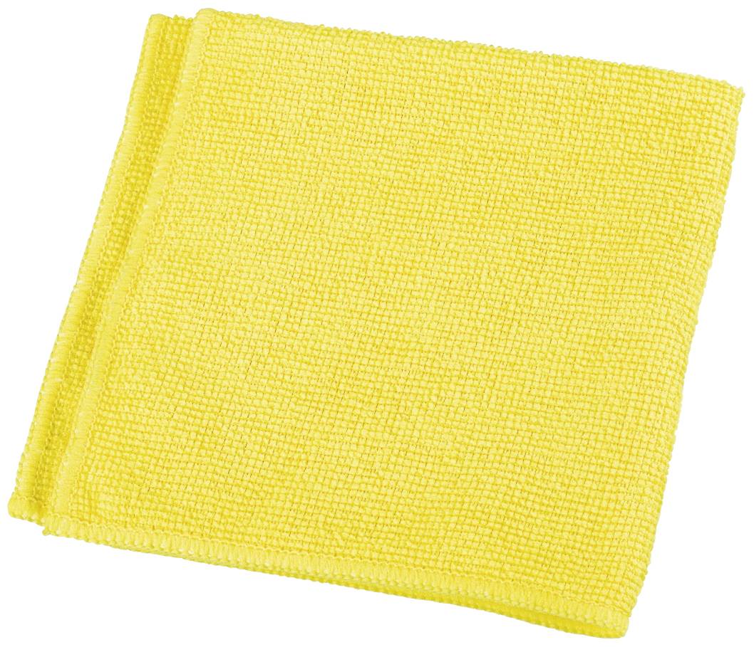 A yellow microfibre cloth, folded. Used for cleaning surfaces.Note: In British English, 
