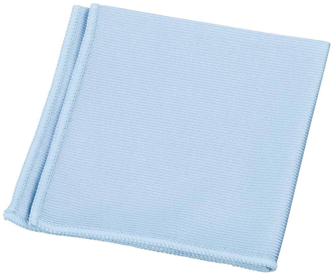 A folded, light blue microfibre cloth, lying on a white background. Suitable for cleaning delicate surfaces.