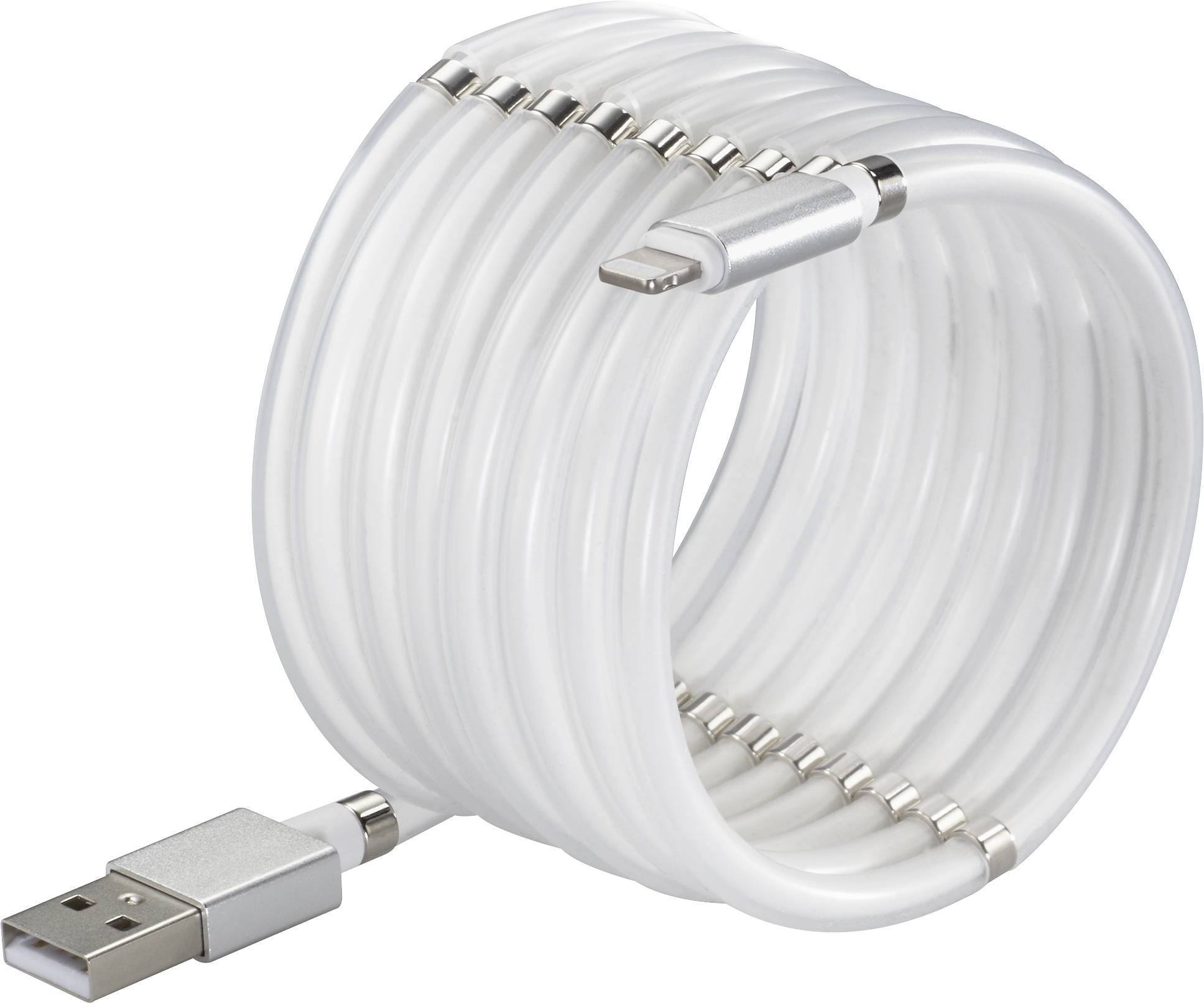A white, coiled USB charging cable with a USB-A plug at one end and another plug type at the other end.