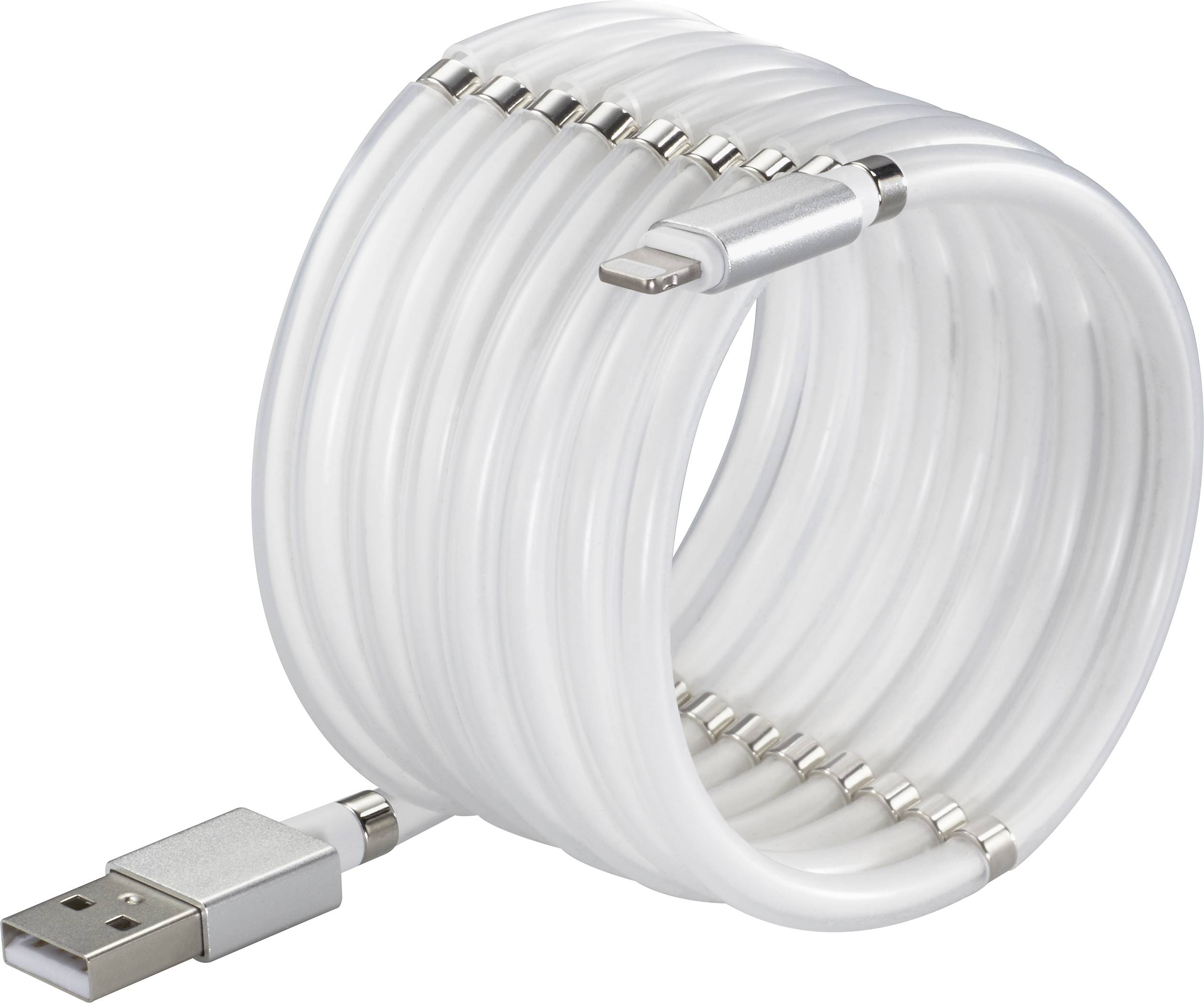 A coiled USB cable with a USB-A plug and a Lightning plug, neatly wound into a circle.