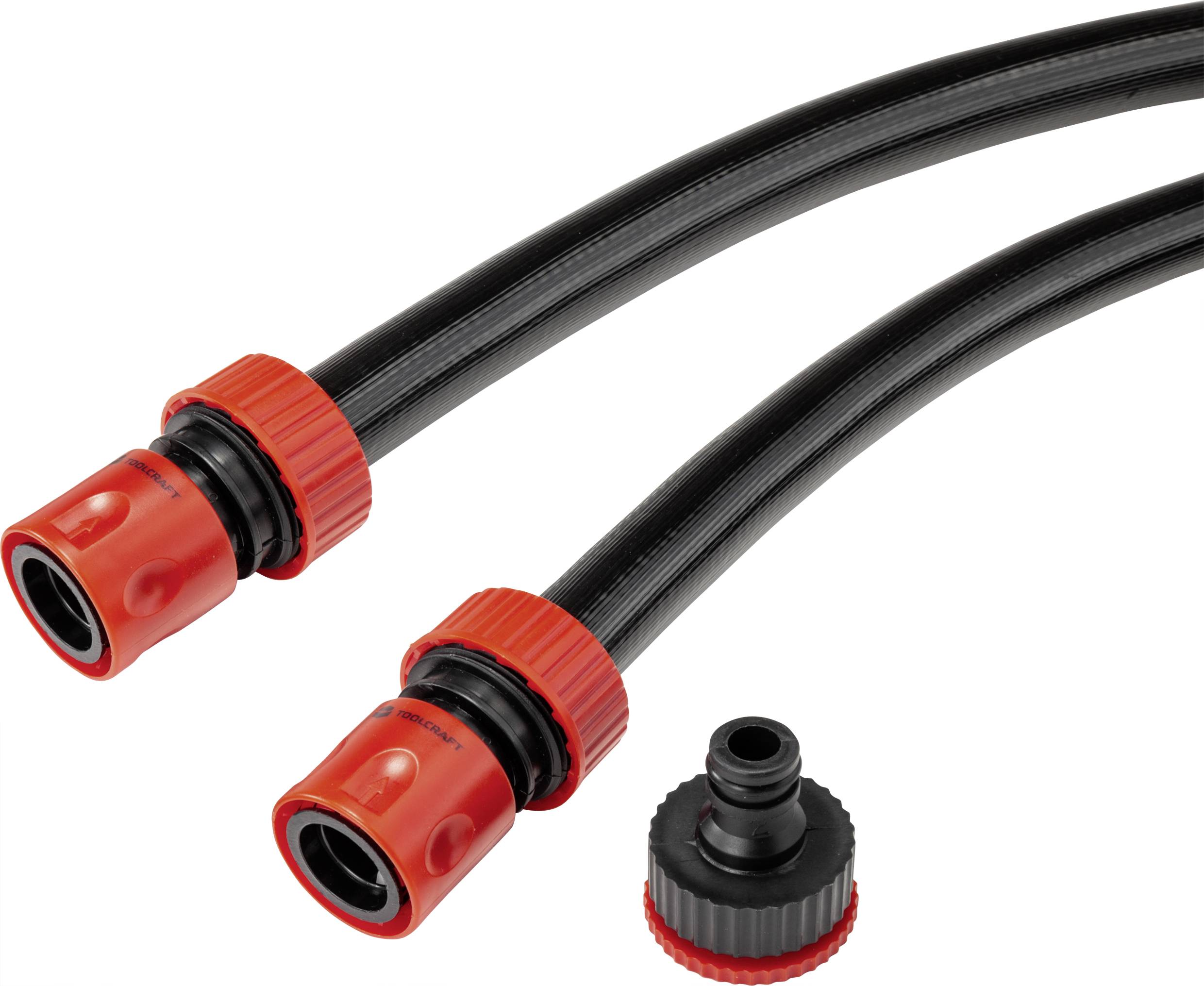 Two black hoses with red connectors and a separate black adapter, suitable for water systems or garden hoses.