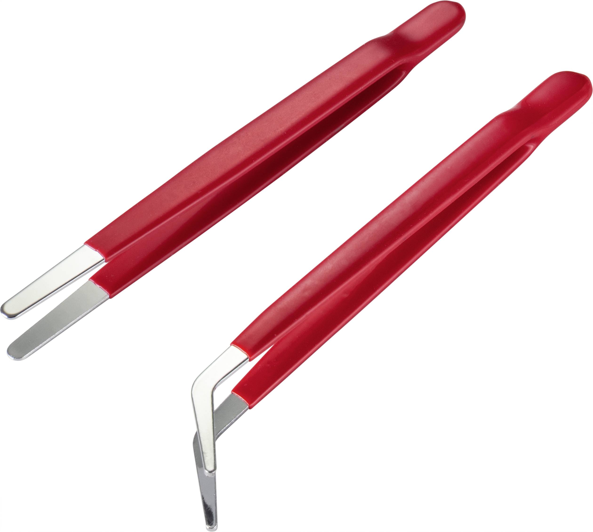 Two red metal tweezers, one with a straight tip and one with an angled tip, on a white background.