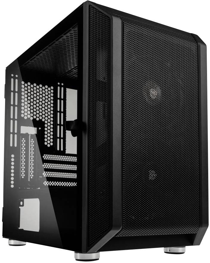 Black computer case with net design and glass elements. Front panel made of mesh for ventilation. Side view reveals internal structures.