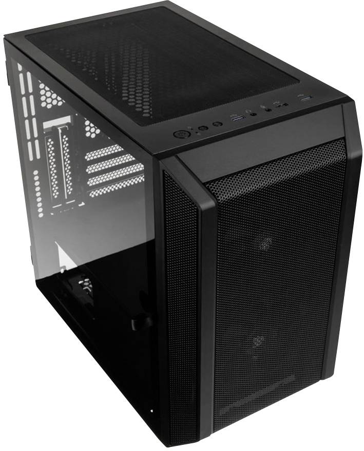 A black computer tower case with ventilation grilles on the front and sides. Connections and switches are located on the top.