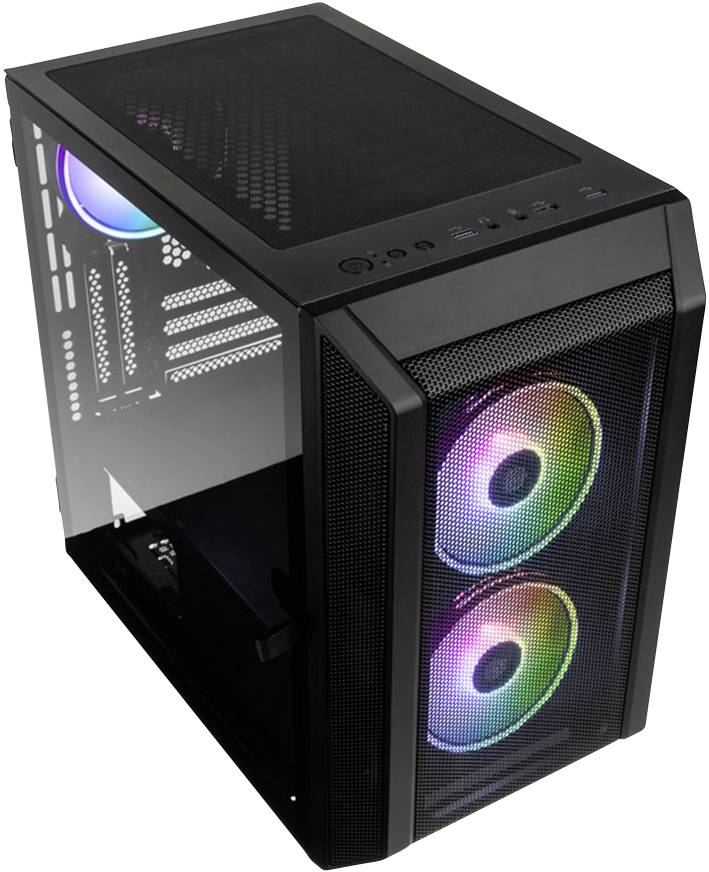 Black PC case with two visibly illuminated RGB fans at the front, partially transparent side panel.