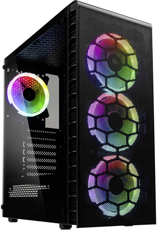 A computer case with four glowing, colourful LED fans at the front and rear, featuring a modern design.