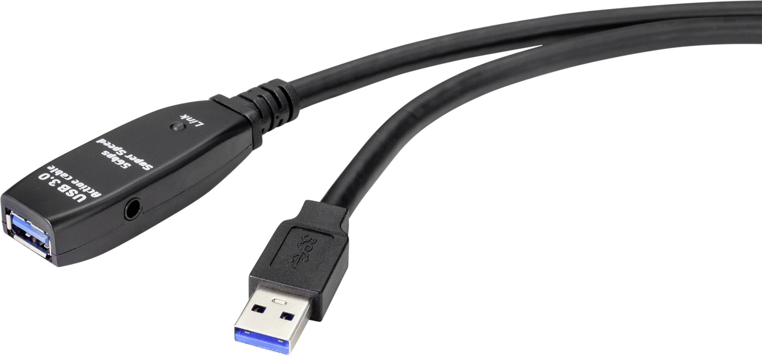 USB 3.0 extension cable with black housing and blue connector. 25 metres long for data transfer, connecting devices.