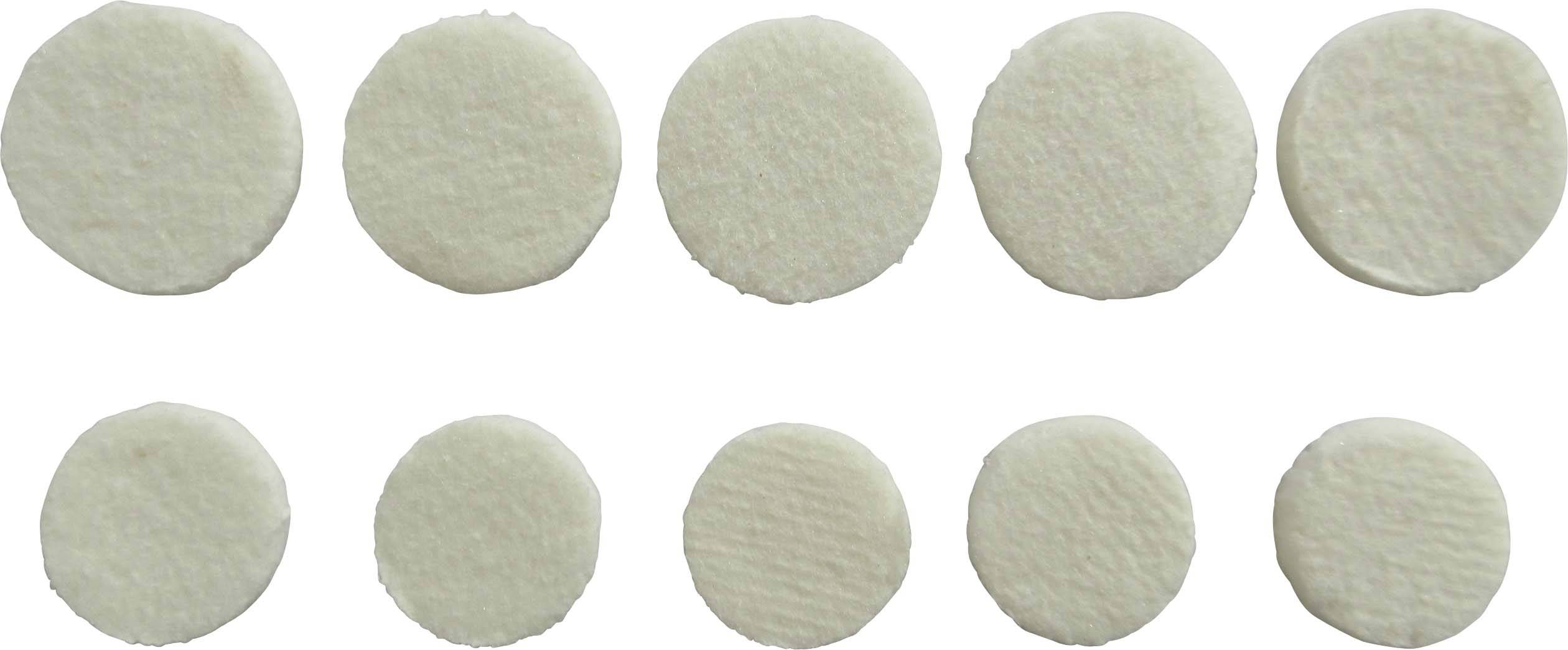 Ten round, flat, white discs arranged in two rows on a white background.