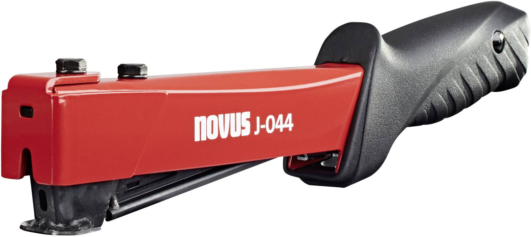 Red, hand-operated staple remover 'Novus J-044', with ergonomic handle for easy staple extraction.