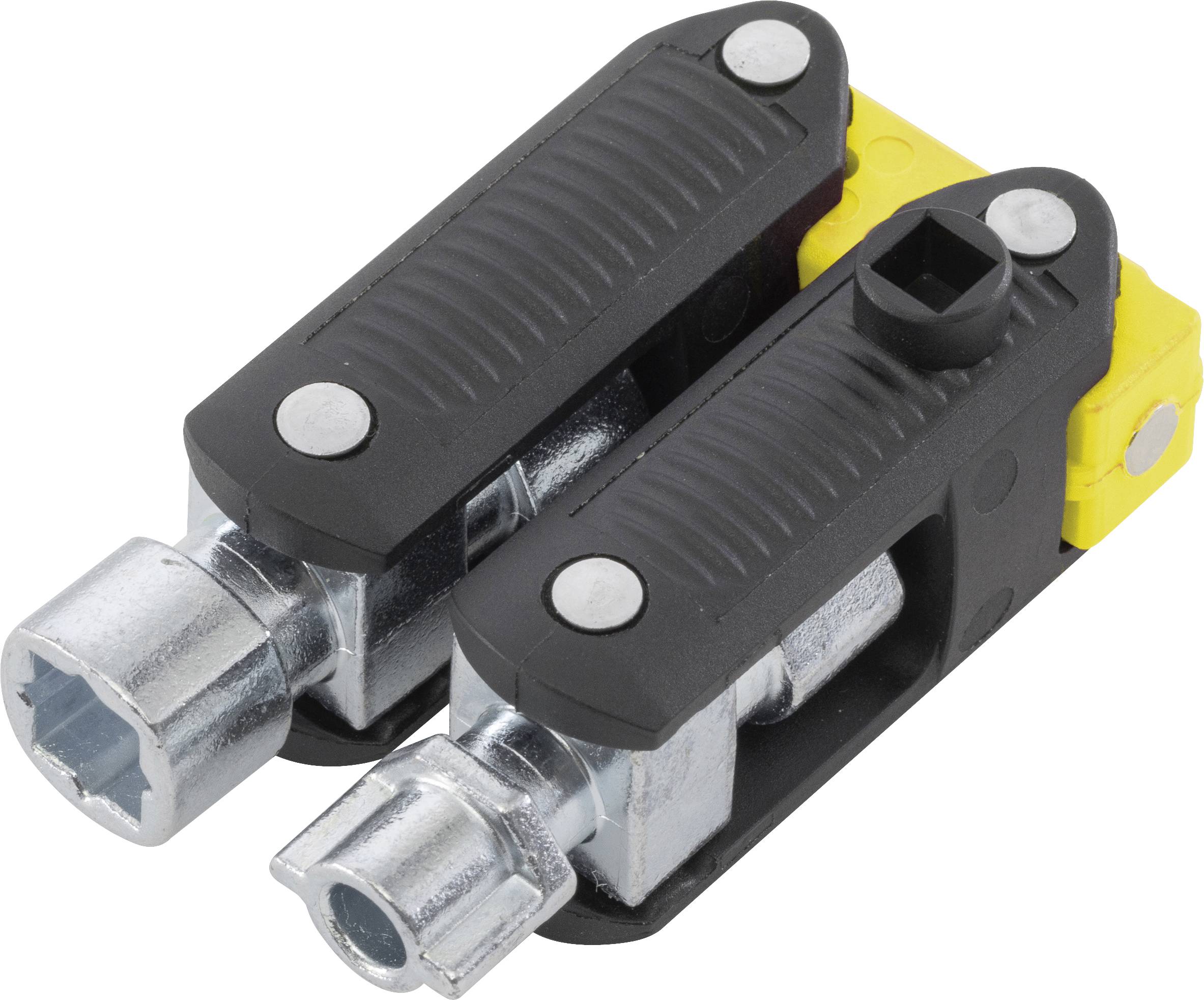 Two black and yellow lever clamps with metal connectors, used for electrical wiring and cable connection.