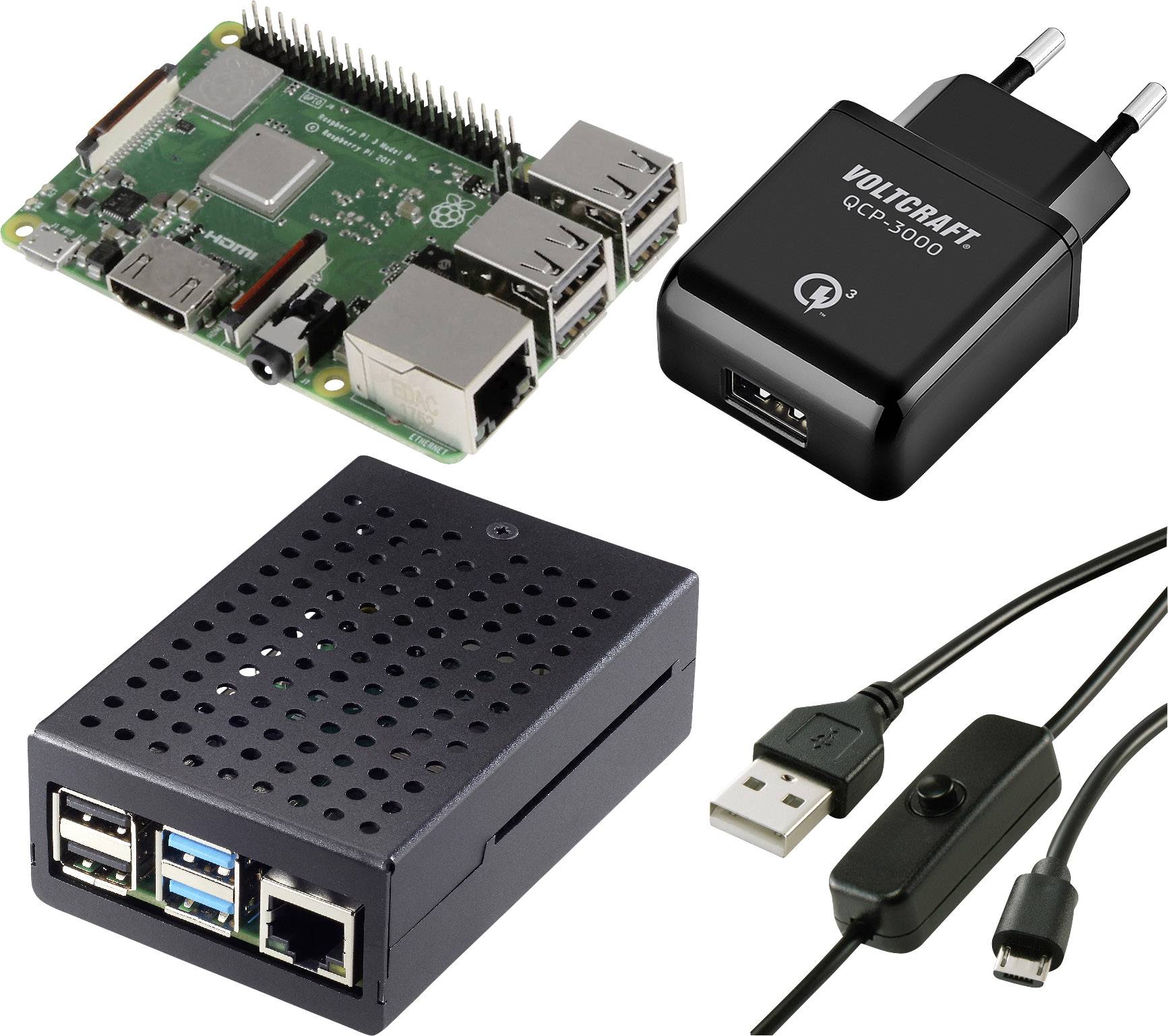 Raspberry Pi microcomputer, USB charger, black case and USB cable with switch. Electronic components for computer projects.