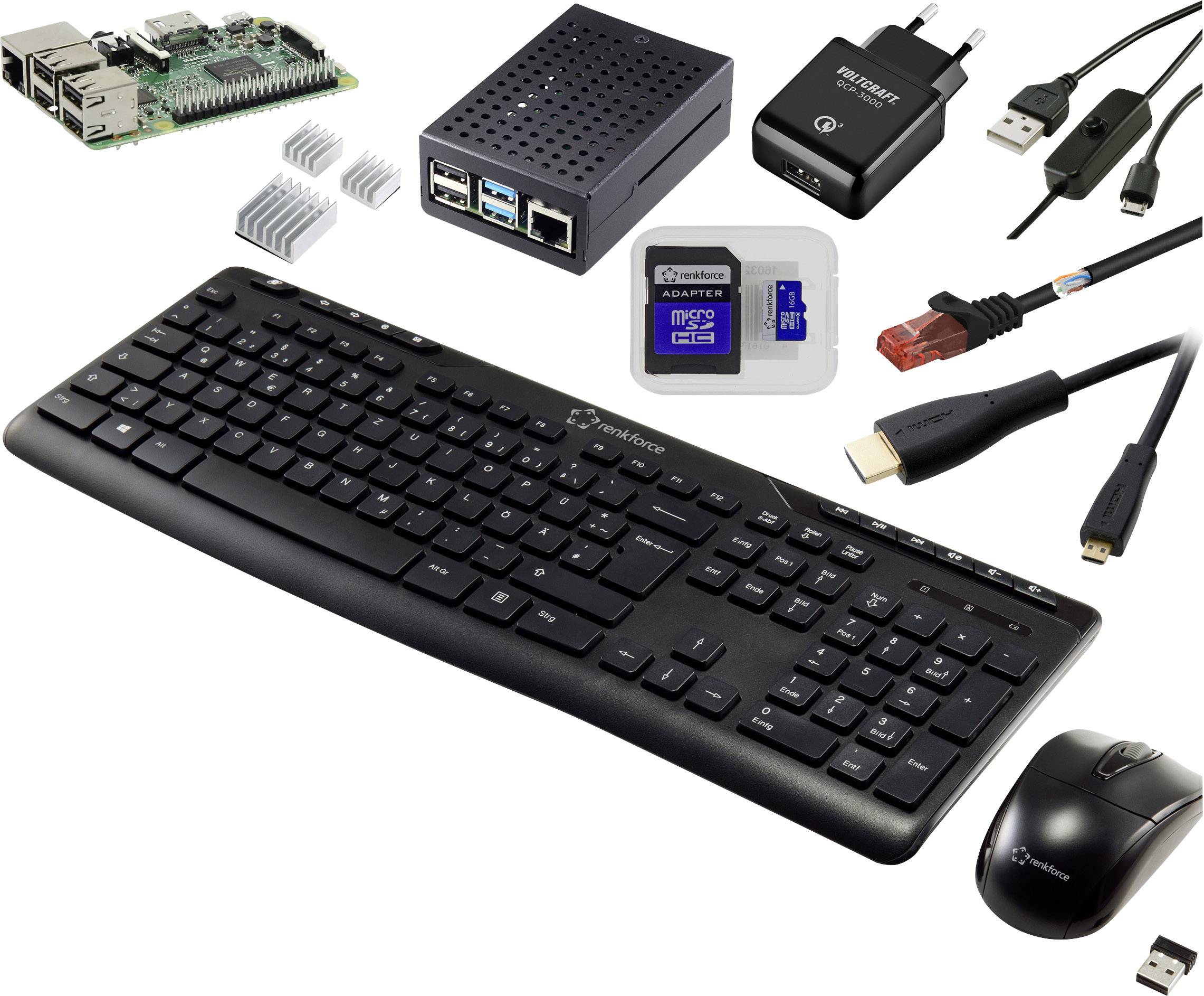 A Raspberry Pi kit with motherboard, case, power supply, cables, SD card, keyboard and mouse. Perfect for DIY computing projects.
