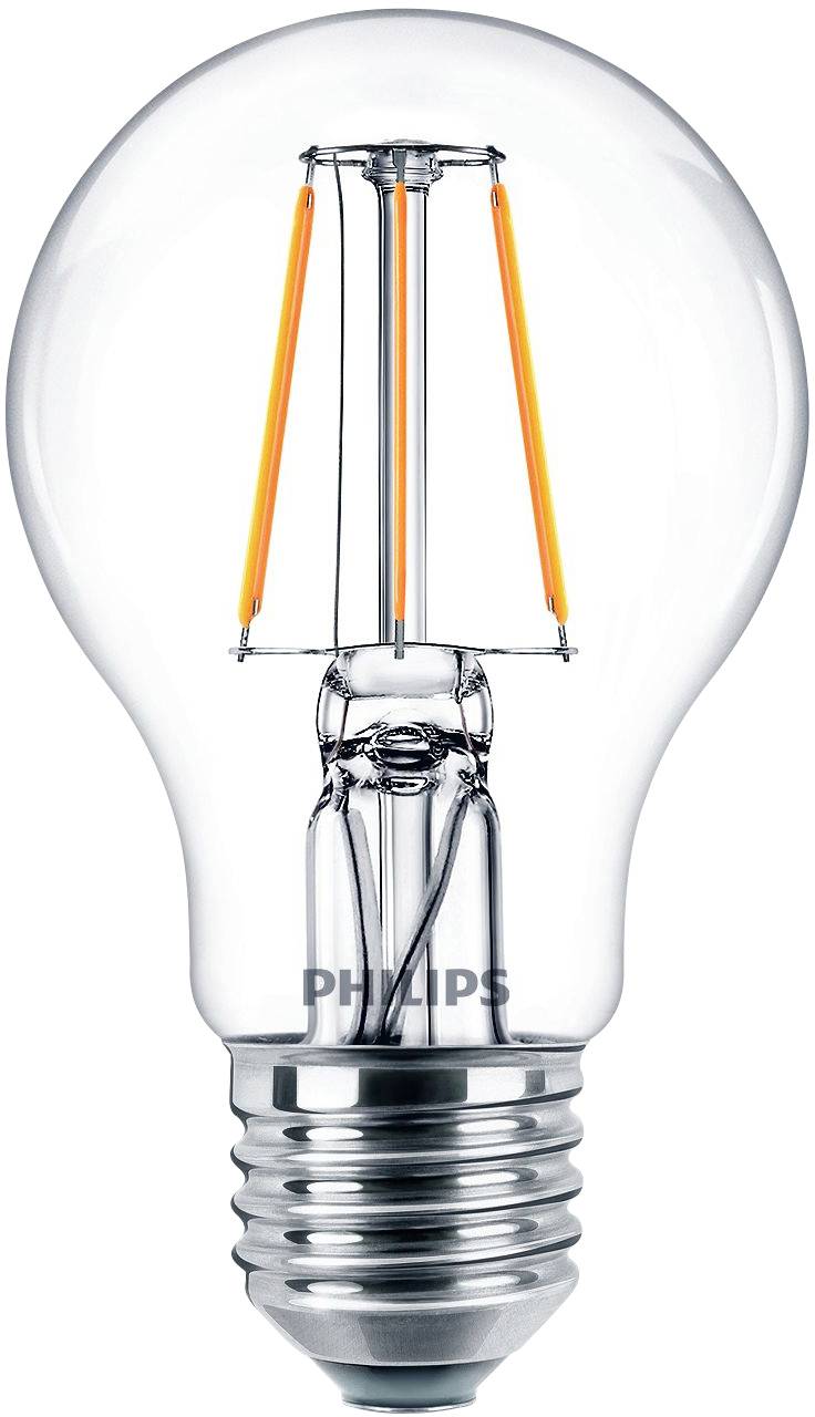 Filament light bulb with clear glass shade, silver fitting, marked with 'Philips'.