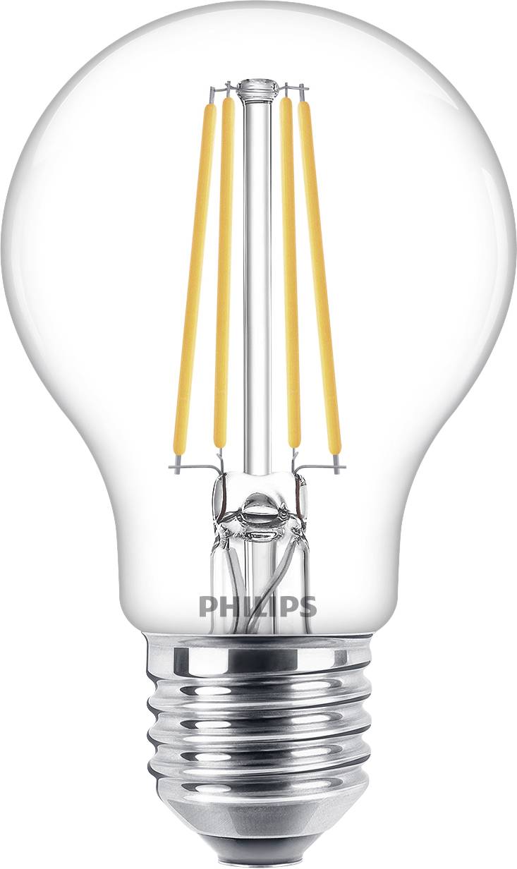 A transparent LED light bulb with visible filament-like structures inside and a metallic base.