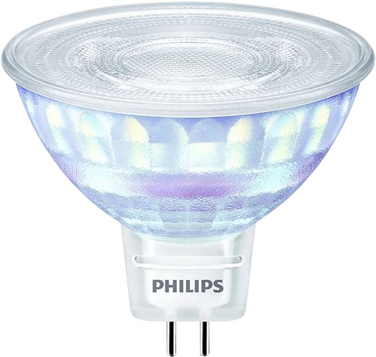 A LED lamp with a clear casing and two-pin base. Manufacturer name 'Philips' visible on the base. Energy-efficient lighting.
