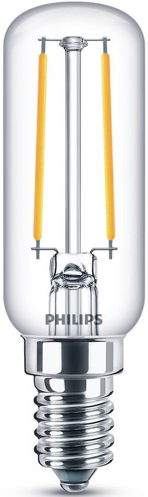 A clear Philips light bulb with a visible, vertical LED filament structure and an E14 screw base.