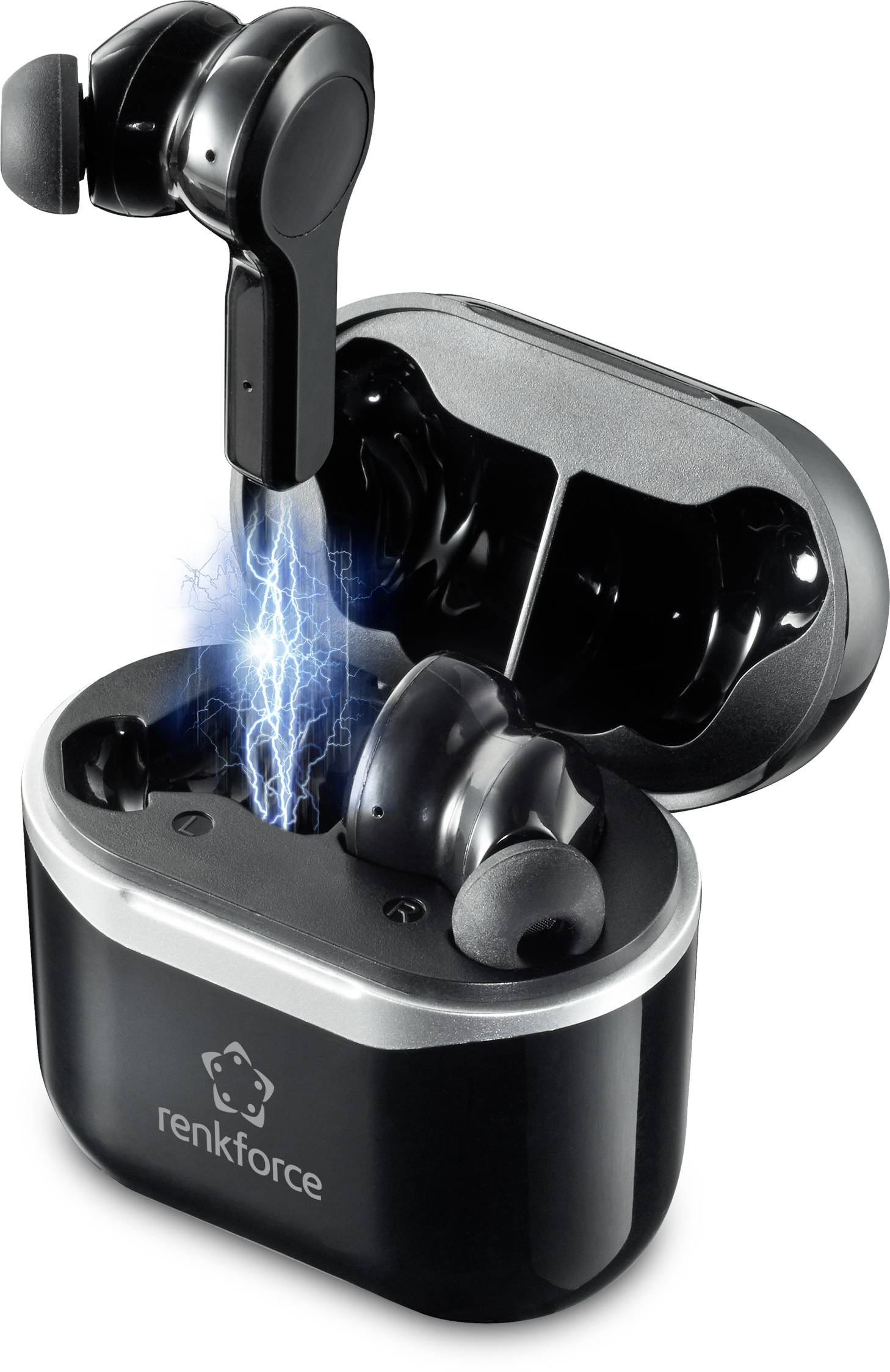 Wireless black earbuds in a charging case, shown with blue light indicating charging activity.