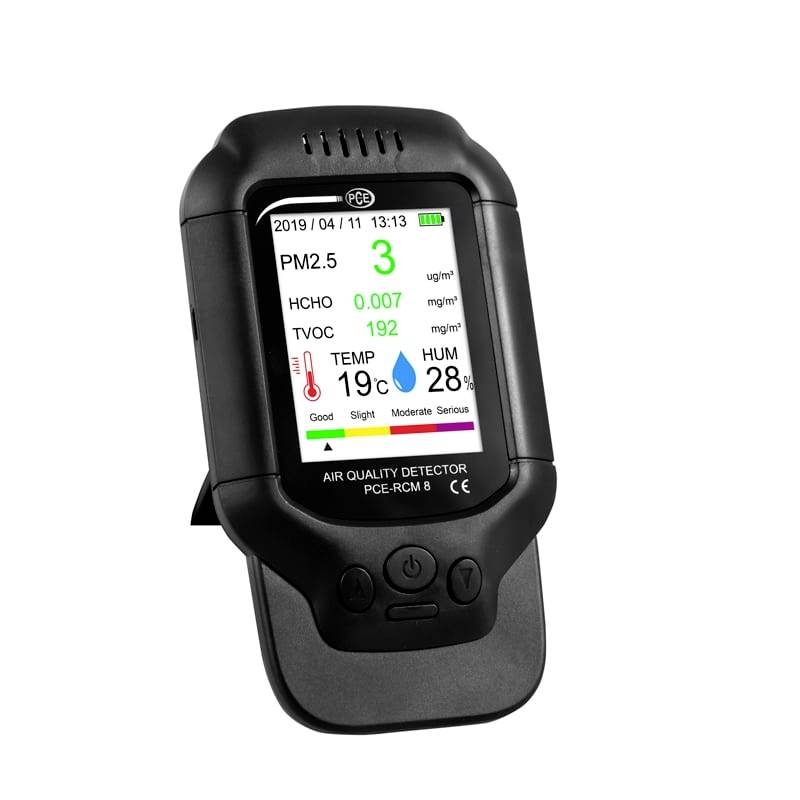 Handheld air quality detector showing PM2.5 3, HCHO 0.007 mg/m³, TVOC 192 mg/m³, temperature 19°C, humidity 28%.
