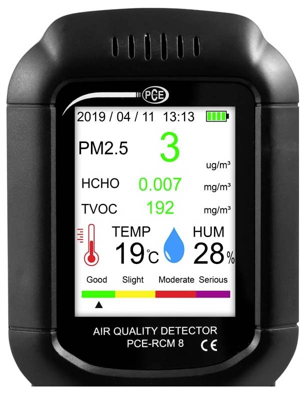 Air quality detector screen showing PM2.5 3 ug/m3, HCHO 0.007 mg/m3, TVOC 192 mg/m3, temperature 19°C, humidity 28%, marked 'Good'.