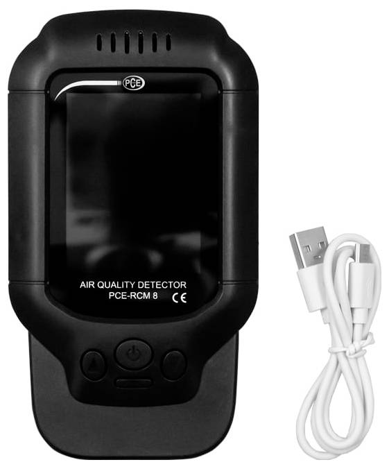 Black PCE air quality detector device labeled 'AIR QUALITY DETECTOR PCE-RCM 8' with a USB charging cable beside it.