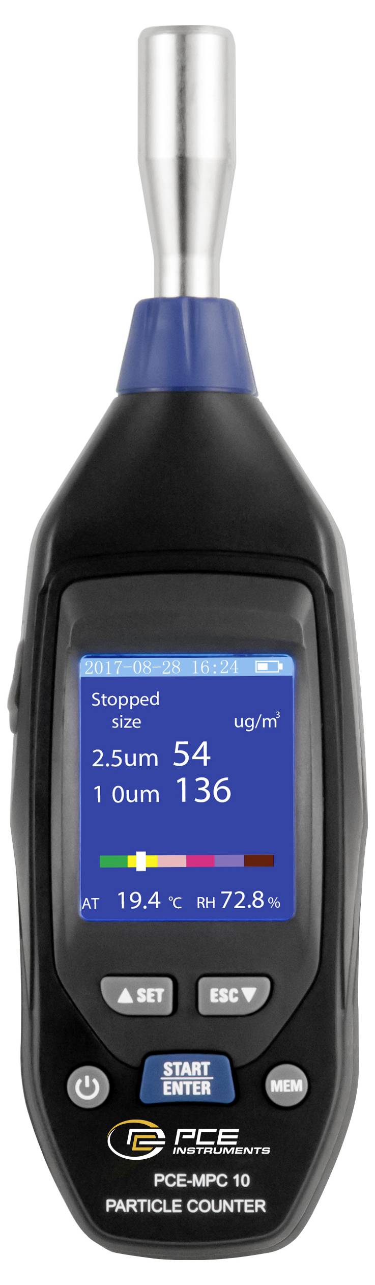 Handheld particle counter with screen showing stopped readings: 2.5um 54, 1.0um 136, temperature 19.4°C, humidity 72.8% and power/start buttons.