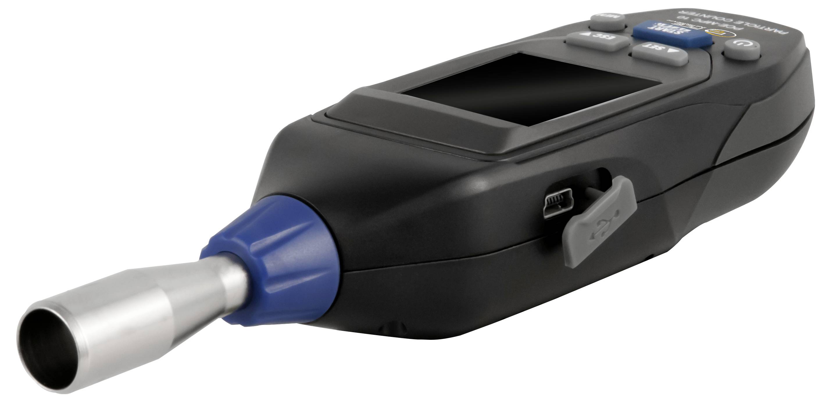 Handheld sound level meter with a silver microphone cone and small display, shown on a white background.