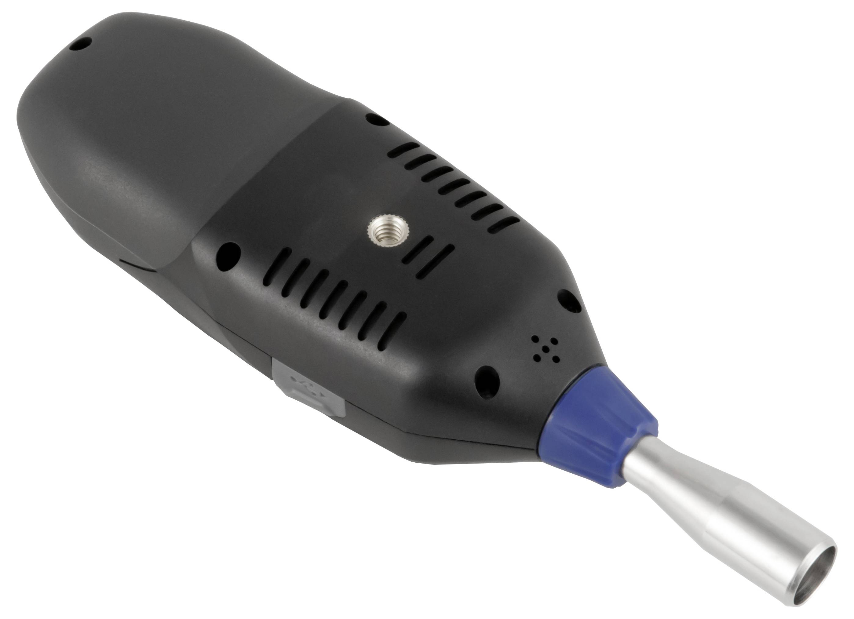 Black handheld camera microphone with vented body and silver connector, shown on a white background.