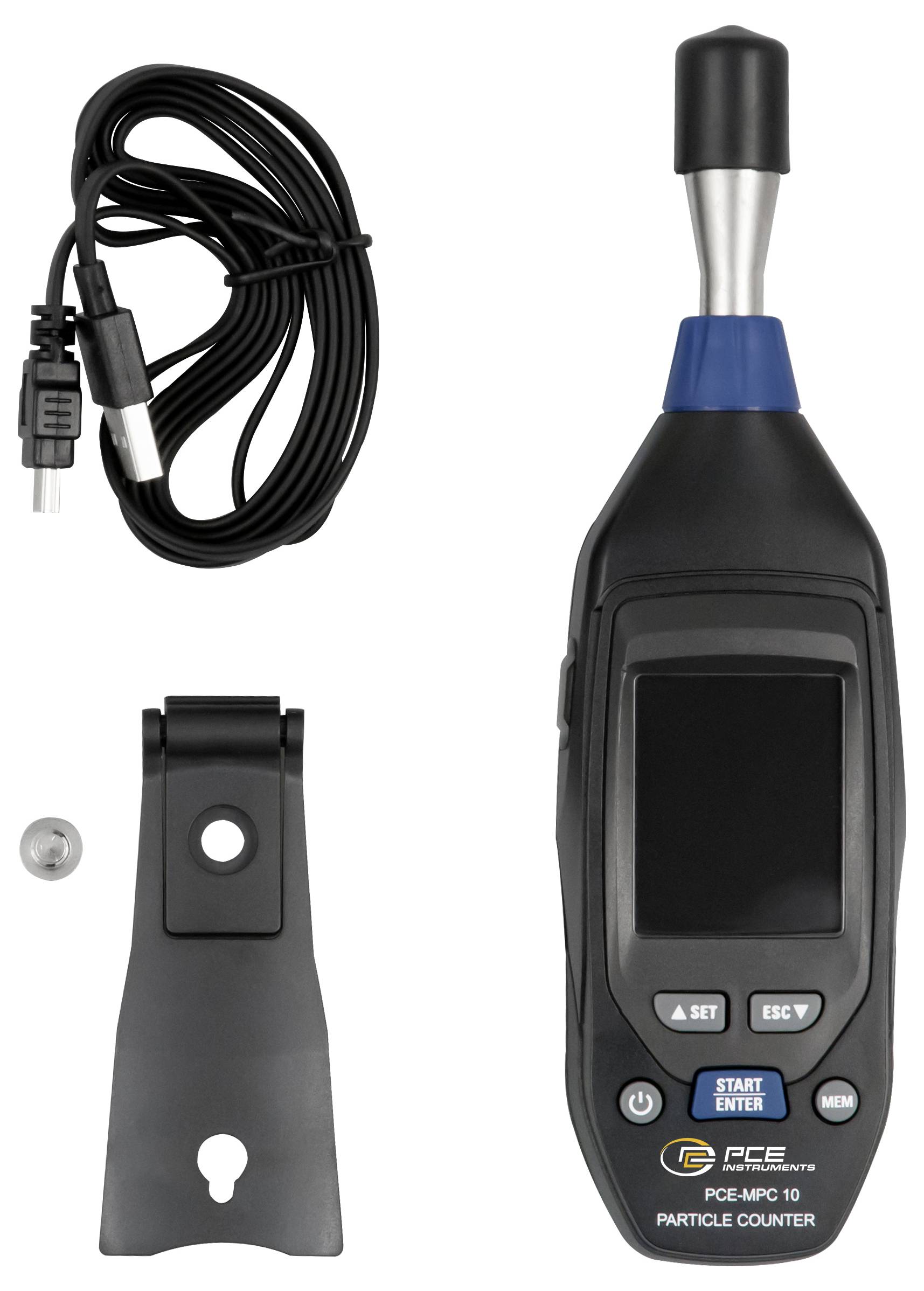 Handheld PCE particle counter with probe, cable, wall mount bracket, and screw laid out on a white background.