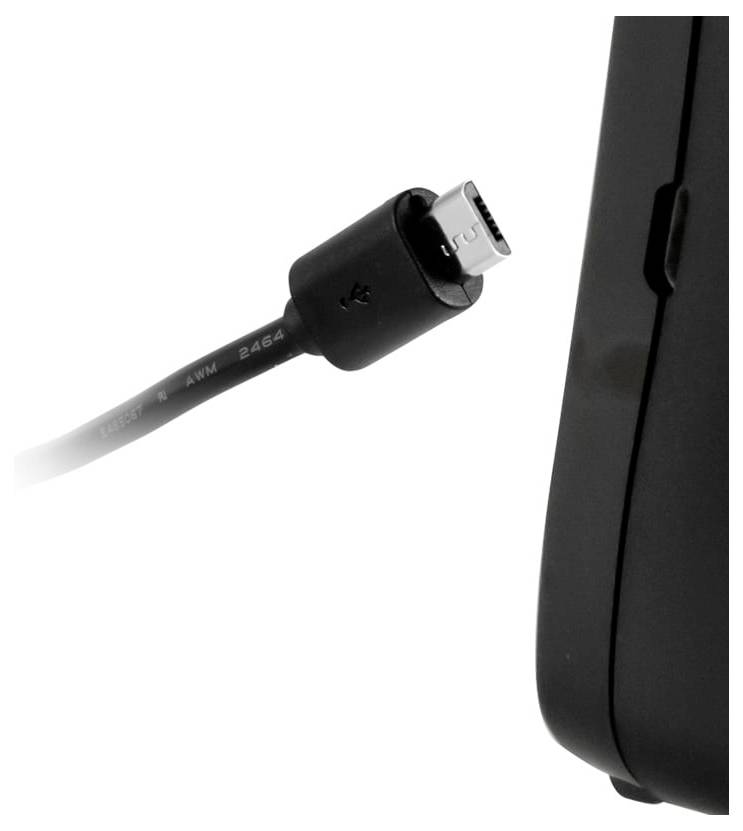 Close-up of a USB cable plug next to the side of a black device, showing where it connects.