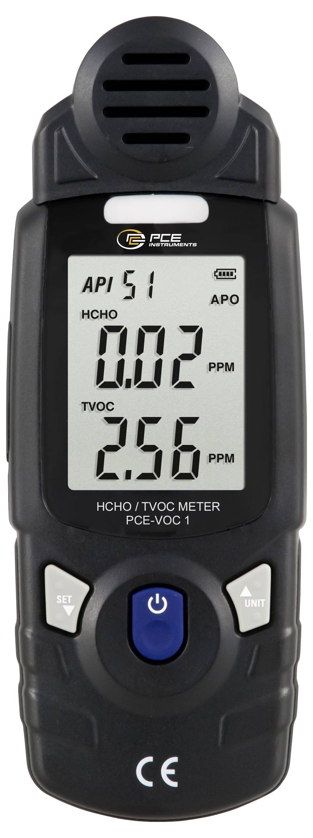 Handheld PCE VOC 1 air quality meter displaying HCHO 0.02 ppm and TVOC 256 ppm on its digital screen.