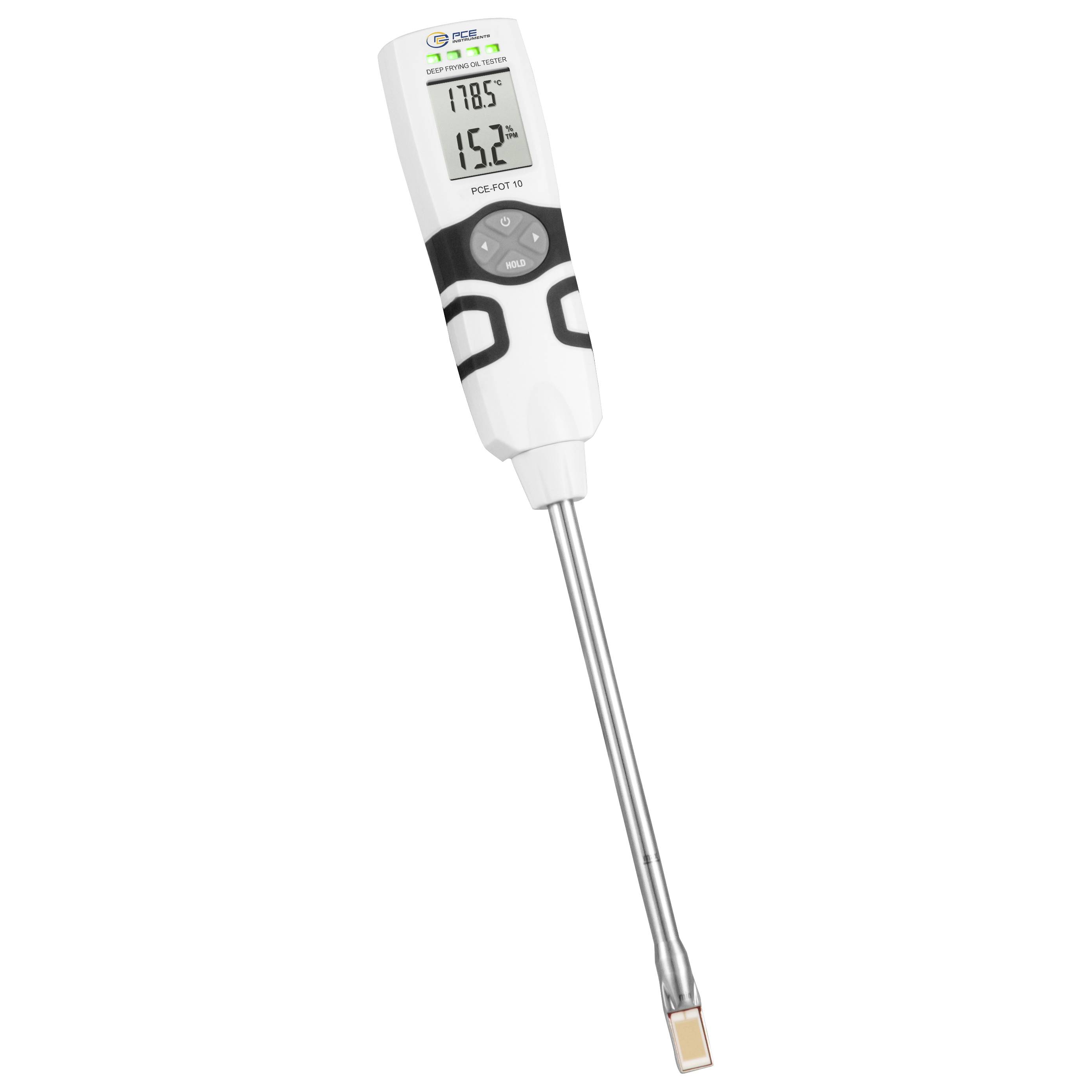 Digital probe thermometer with LCD display and long metal stem for measuring temperature.
