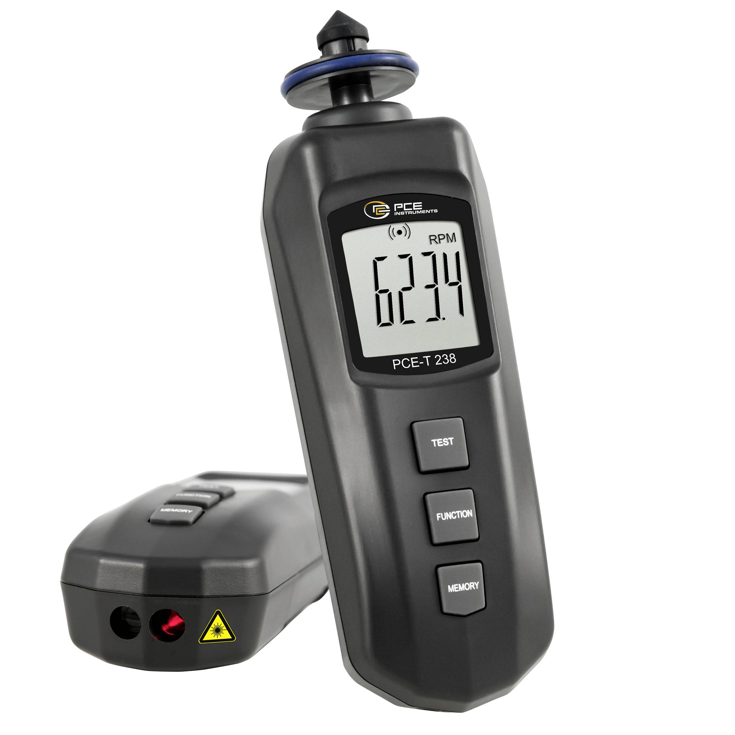 Digital tachometer meter showing RPM 6274 with a remote sensor unit and test/function/memory buttons on a white background