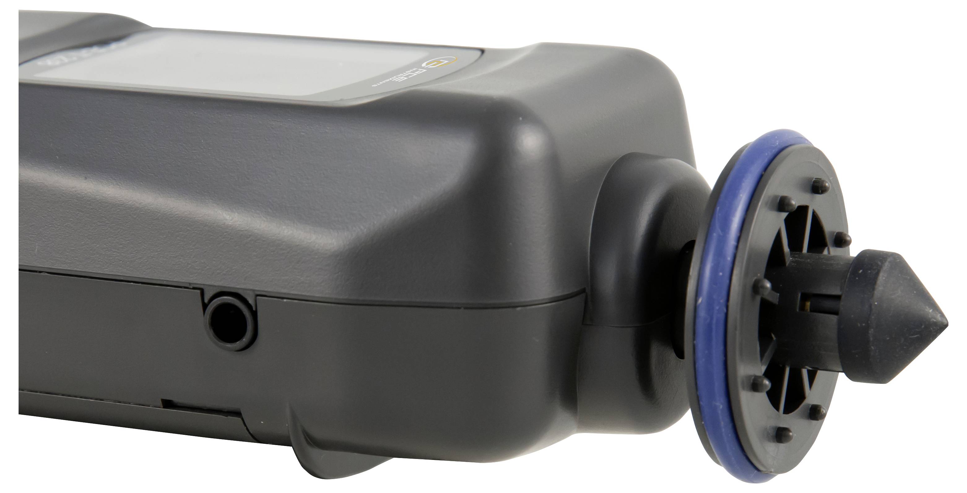 Close-up of a gray plastic device end with a black conical nozzle and blue ring, isolated on a white background.