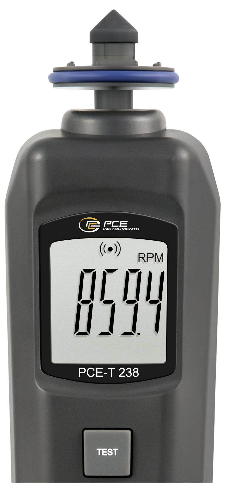 Handheld digital tachometer showing 859.4 RPM on its display, with a 'TEST' button below.