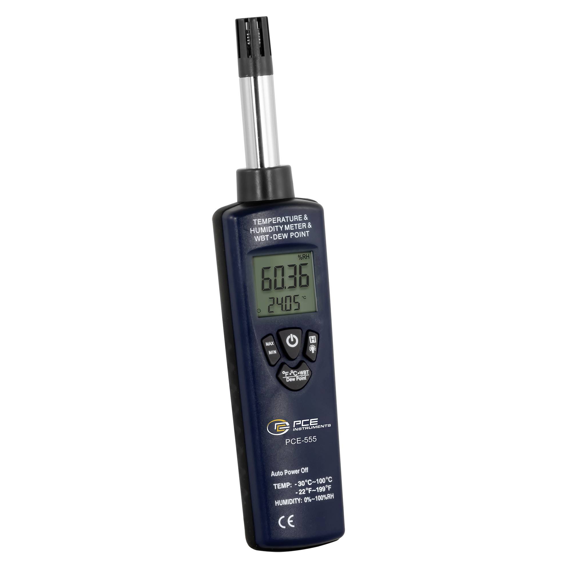Handheld temperature, humidity and wet-dew point meter with probe and LCD display showing readings.