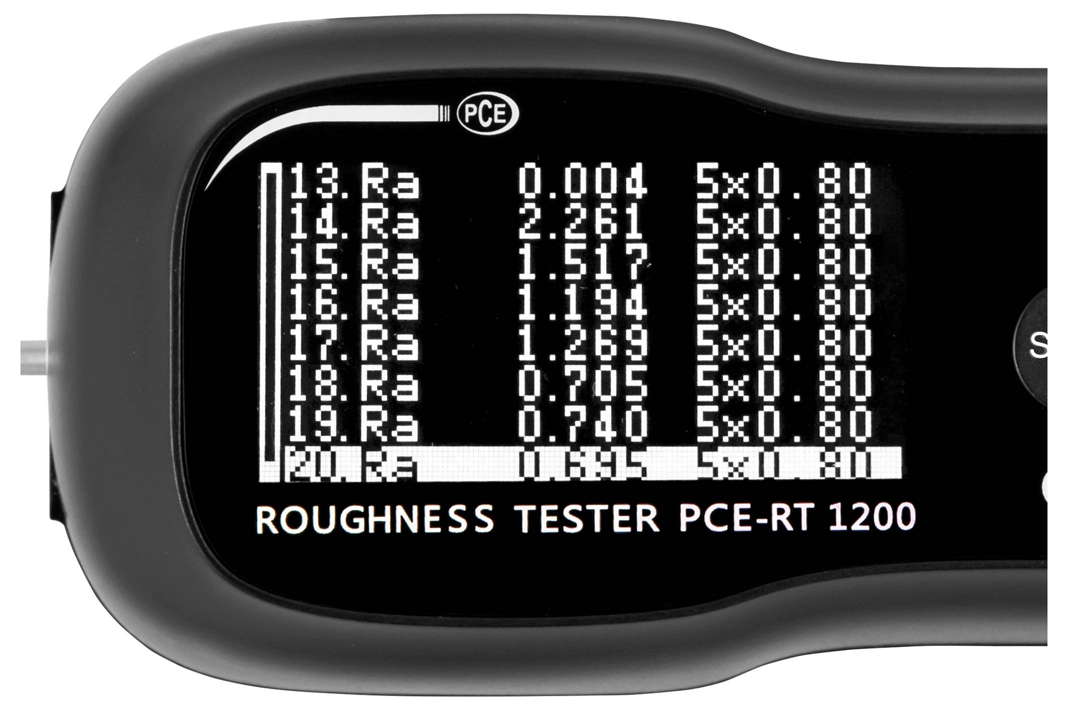 Handheld roughness tester display showing Ra measurement results and settings, labeled 'ROUGHNESS TESTER PCE-RT 1200'.